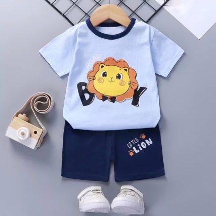Kids T shirt & Pant Set (sky Deep Little Lion)
