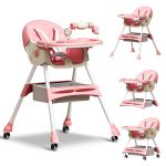 4 in 1 Multifunctional High And Feeding Chair with Dining Tray & Wheels (Model H601) pink Colour